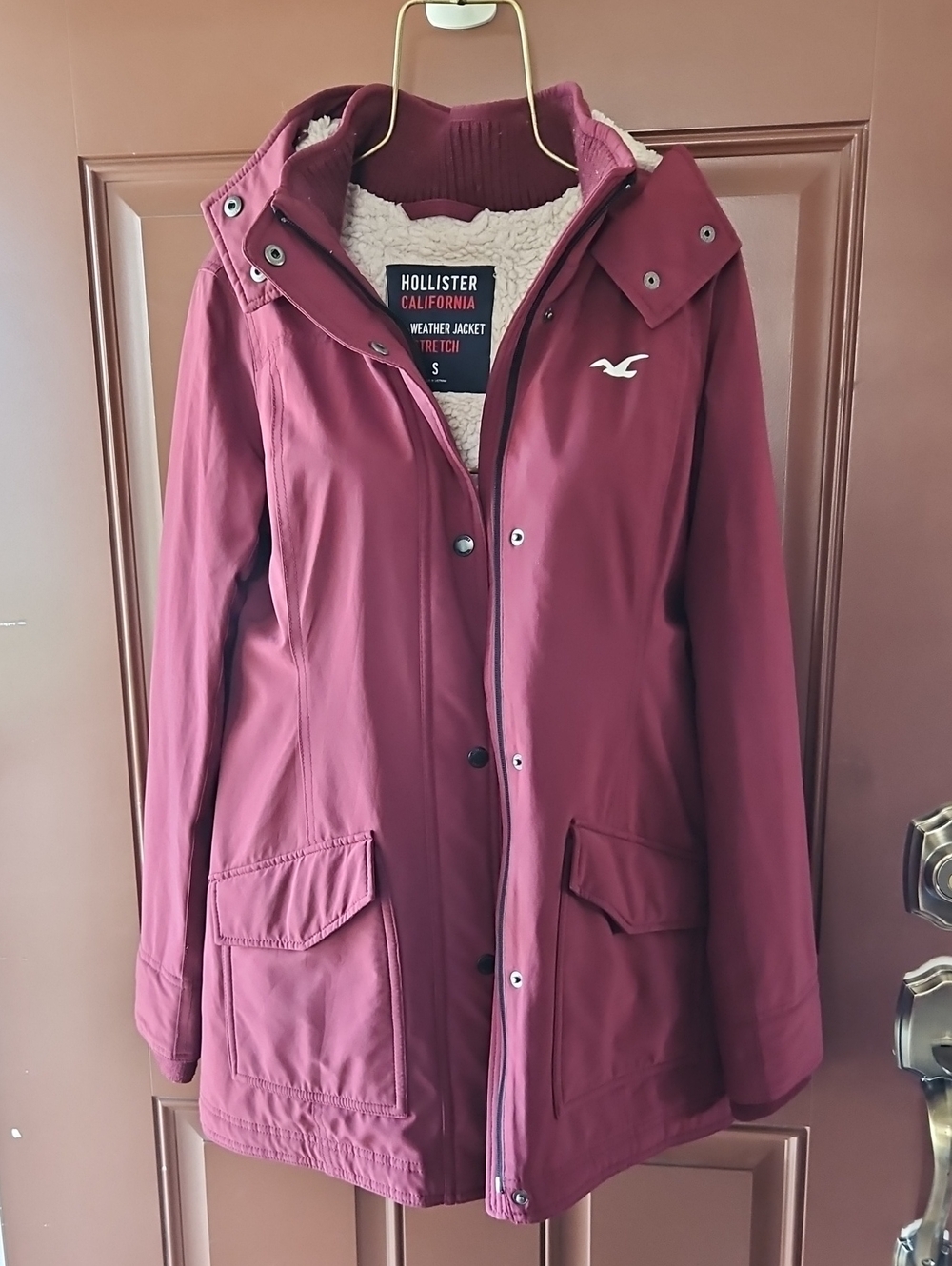 Hollister Women's Wine Utility Weather Jacket with Sherpa Lining